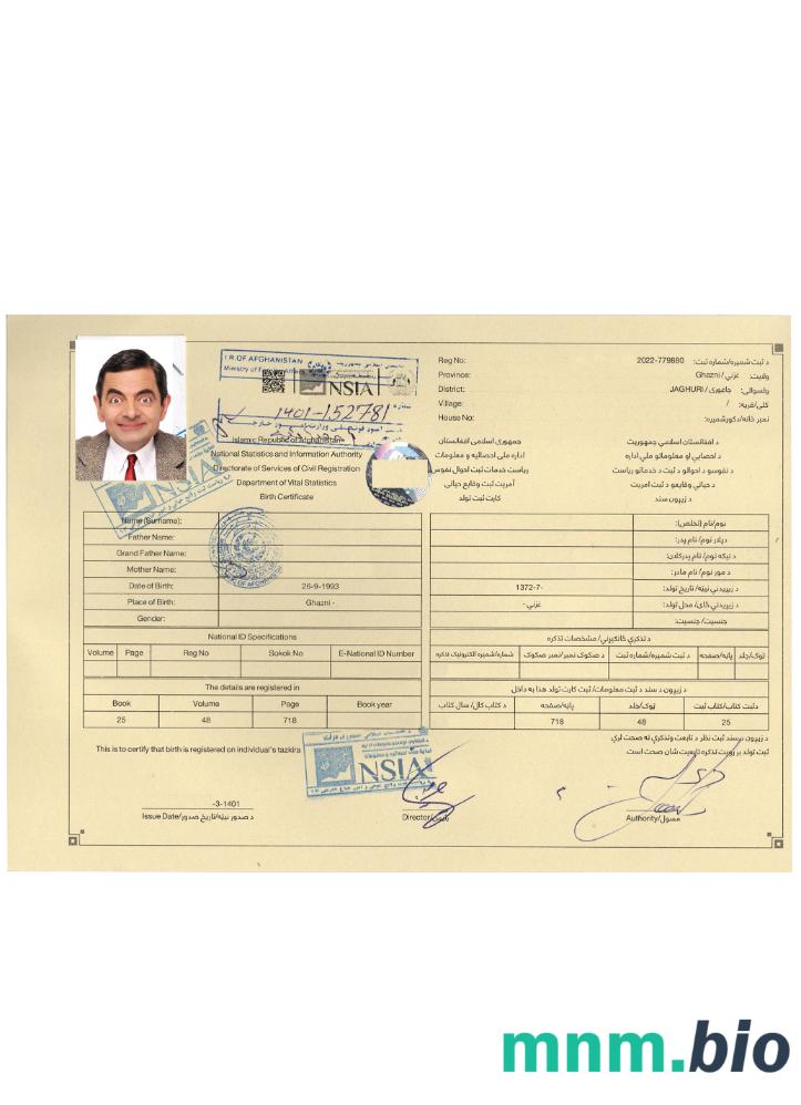 Afghanistan narodziny certyfikat